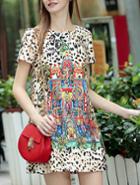 Shein Multicolor Round Neck Short Sleeve Leopard Print Dress