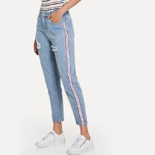 Shein Striped Side Rip Detail Jeans