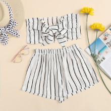 Shein Striped Bow Tie Front Crop Top With Shorts