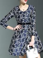 Shein Blue V Neck Belted Jacquard Pockets A-line Dress