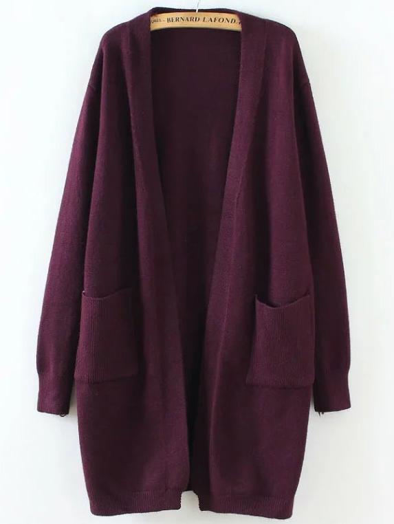 Shein Burgundy Ribbed Detail Front Pocket Long Cardigan
