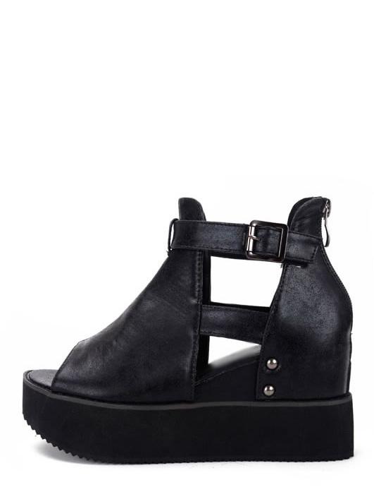 Shein Black Fish Mouth Zipper Wedge Sandals