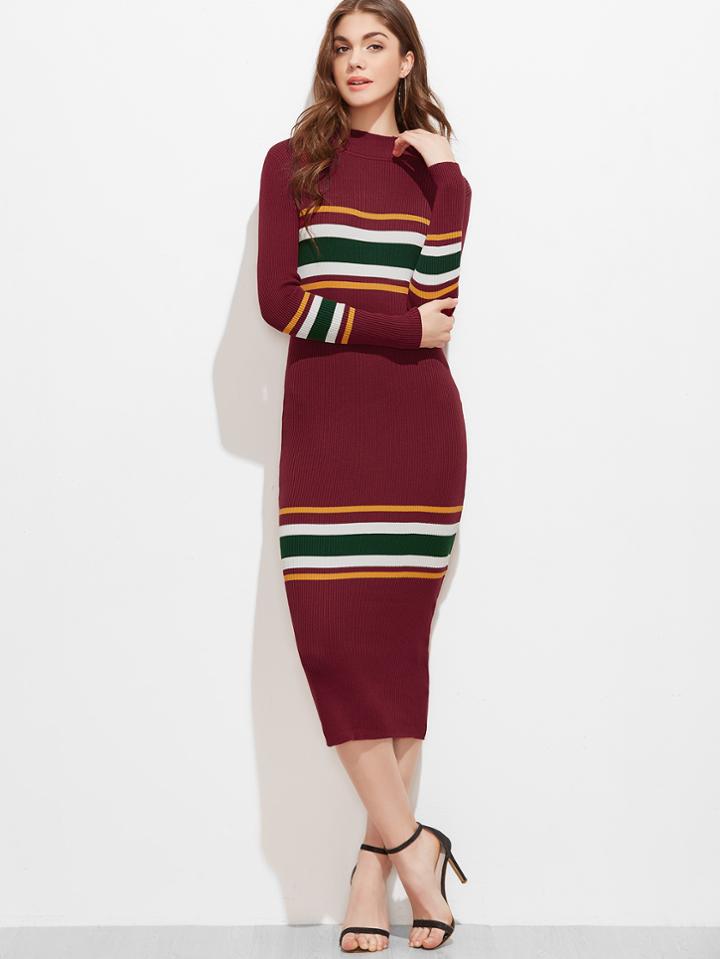 Shein Burgundy Striped Ribbed Sweater Dress