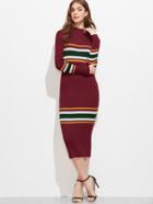Shein Burgundy Striped Ribbed Sweater Dress