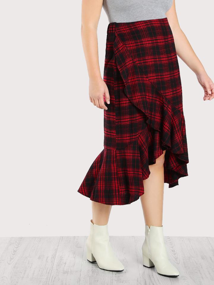 Shein Ruffle Trim Overlap Plaid Skirt