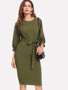 Shein Self Belt Bishop Sleeve Pencil Dress