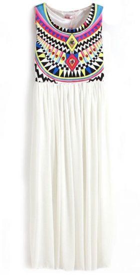 Shein White Sleeveless Geometric Tribal Print Chiffon Dress