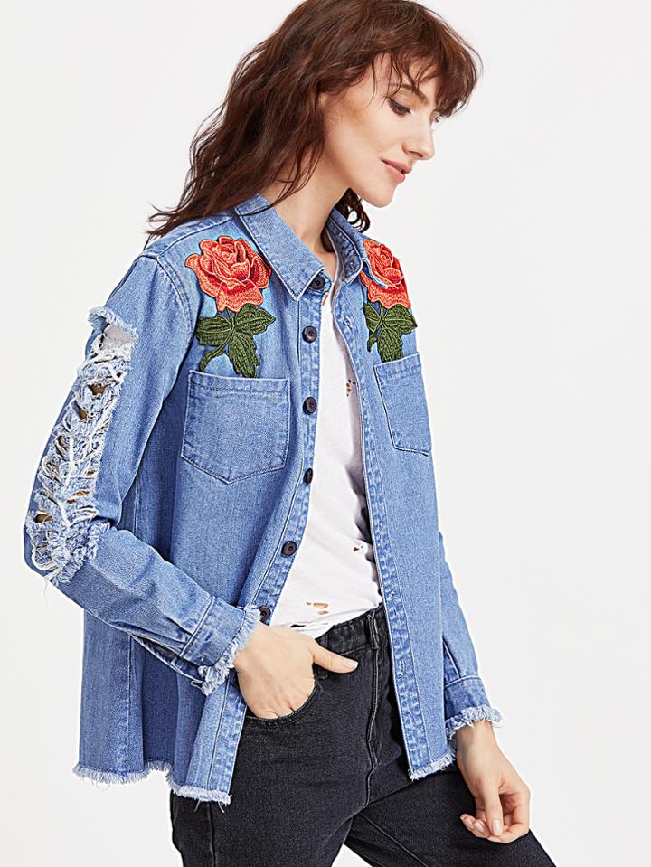 Shein Rose Applique Patch Pocket Distressed Denim Shirt Jacket