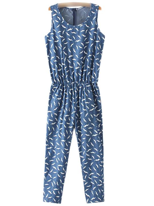 Shein Blue Pockets Elastic Waist Zipper Back Beard Print Jumpsuit