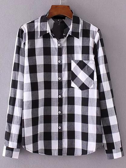 Shein Black And White Plaid Blouse With Pocket
