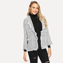 Shein Houndstooth Print Fringe Detail Coat