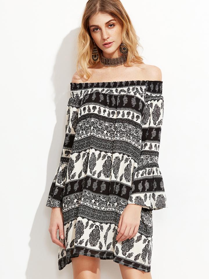 Shein Black Tribal Print Shirred Off The Shoulder Dress