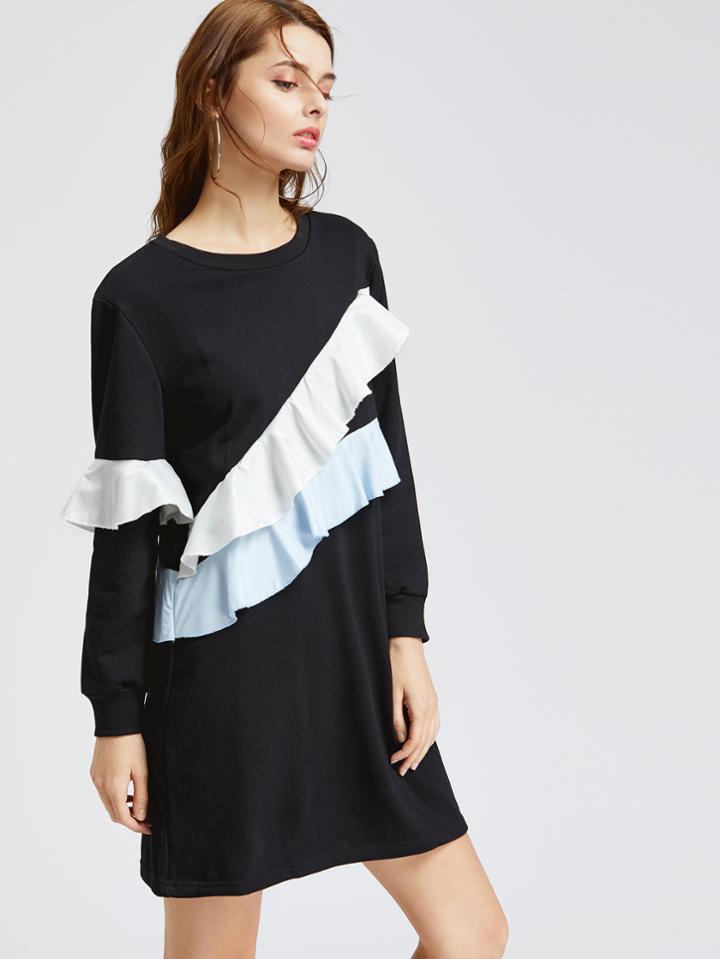 Shein Black Ruffle Trim Sweatshirt Dress