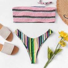 Shein High Leg Shirred Random Striped Bikini Set