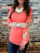 Shein Contrast Lace Hollow Slim Pink T-shirt