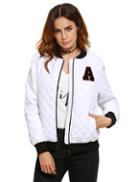 Shein White Contrast Trim Quilted Bomber Jacket With Letter Patch