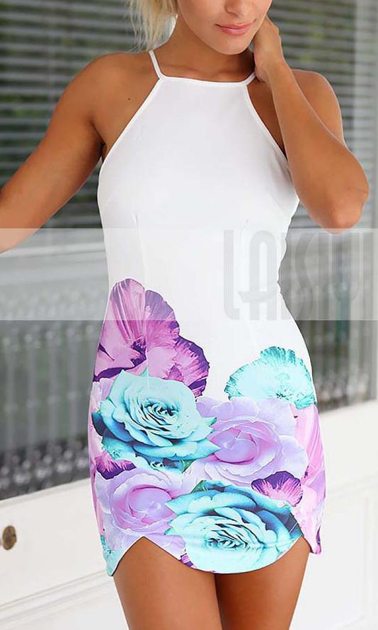 Shein White Spaghetti Strap Backless Floral Dress
