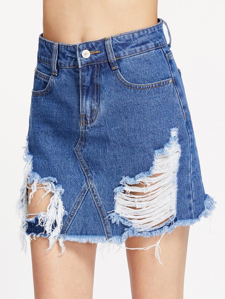 Shein Distressed A Line Denim Skirt