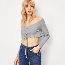 Shein Drawstring Front Crop Ruffle Sweater