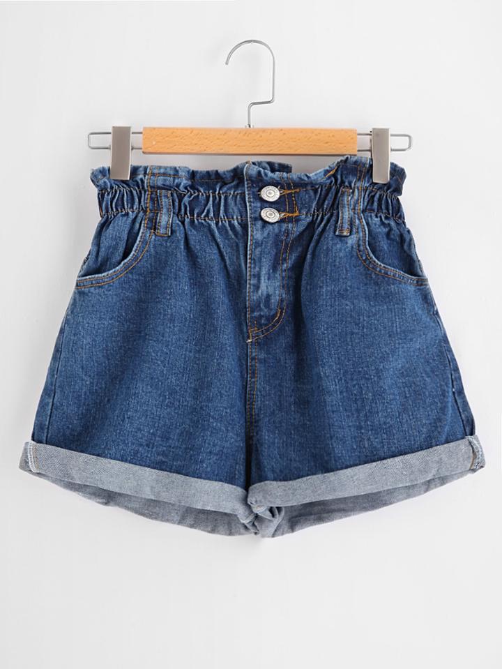Shein Shirred Waist Cuffed Denim Shorts