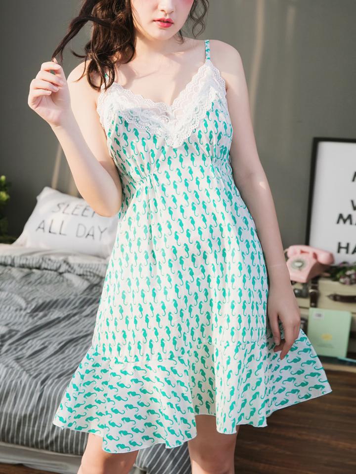 Shein Seamless Pattern Lace Trim Frill Hem Cami Dress