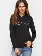 Shein Black Hooded Printed Sweatshirt