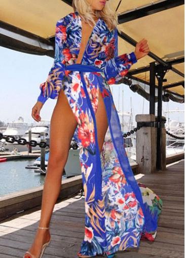 Rosewe High Slit Flower Print V Neck Maxi Dress