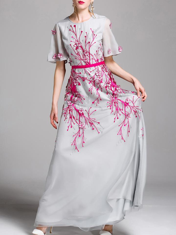 Shein Flowers Applique Embroidered Maxi Dress