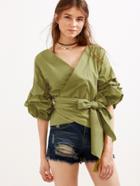 Shein Army Green V Neck Lantern Sleeve Pleated Bow Tie Waist Top