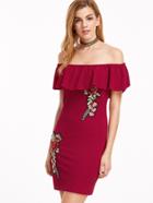 Shein Burgundy Embroidered Flower Applique Off The Shoulder Ruffle Dress