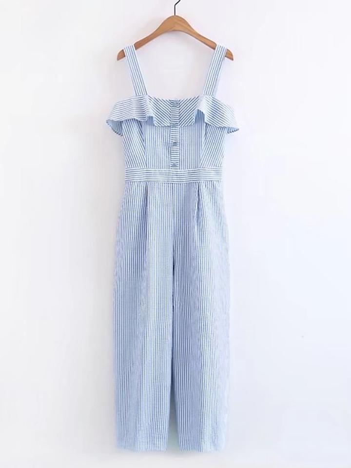 Shein Cami Straps Ruffle Trim Pinstripe Jumpsuit
