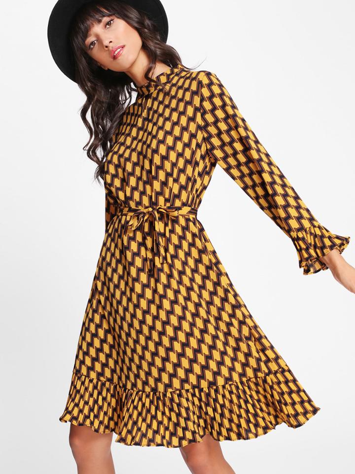 Shein Ruffle Cuff And Hem Geo Dress