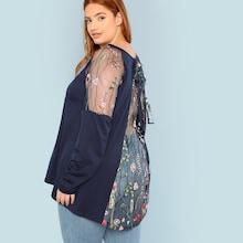 Shein Botanical Embroidered Mesh Insert Knot Back Tee