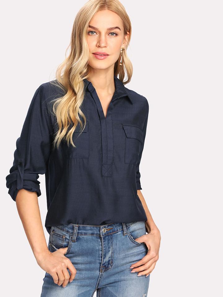 Shein Roll Up Sleeve Chest Flap Pockets Shirt