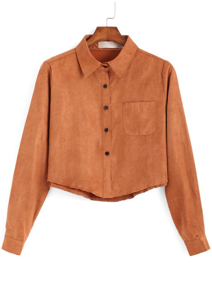 Shein Khaki Lapel Pocket Buttons Crop Blouse