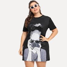 Shein Plus Figure Pattern Bow Detail Tee Dress