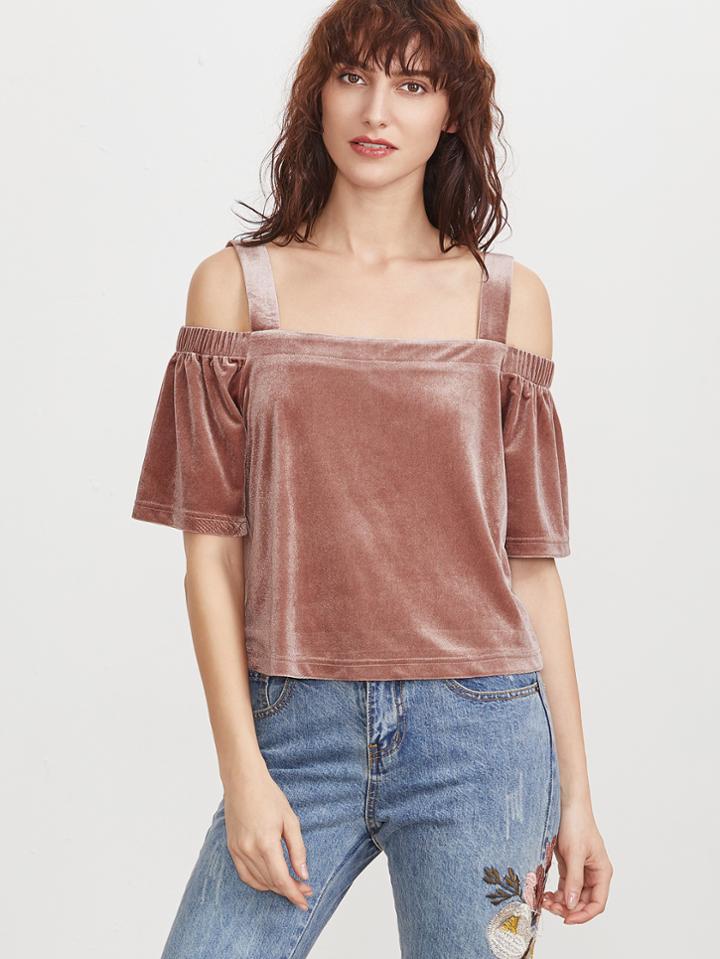 Shein Brick Red Cold Shoulder Velvet Top