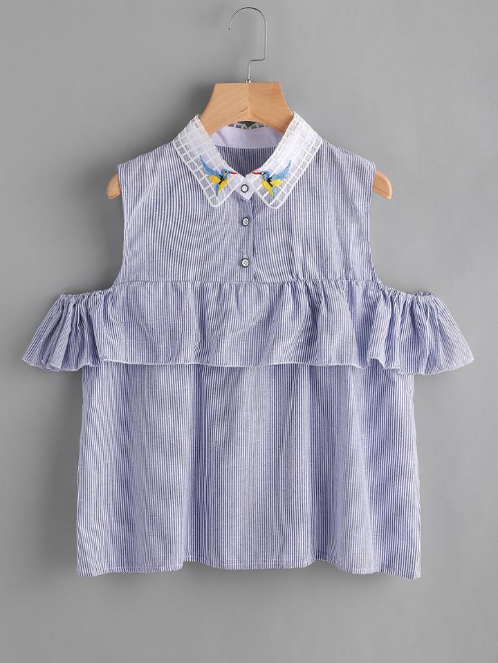 Shein Contrast Embroidery Mesh Collar Open Shoulder Frill Trim Blouse