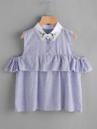 Shein Contrast Embroidery Mesh Collar Open Shoulder Frill Trim Blouse