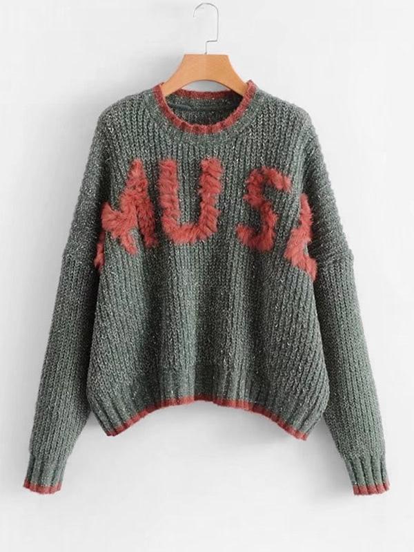 Shein Faux Fur Embellished Slogan Sweater
