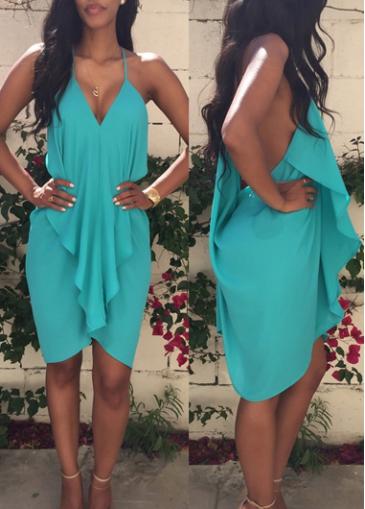 Rosewe Ruffle Decorated Blue Chiffon Asymmetric Dress