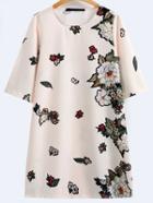 Shein Beige Floral Print Half Sleeve Shift Dress