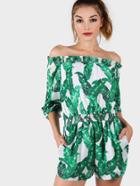 Shein Tropical Print Frilled Bardot Elasticated Waistband Romper