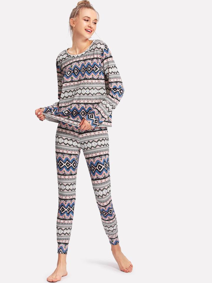 Shein Tribal Print Tee & Pants Pj Set