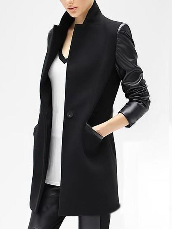 Shein Black Stand Collar Pockets Slit Back Long Blazer