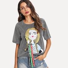 Shein Figure Print Studs Detail Glitter Tee
