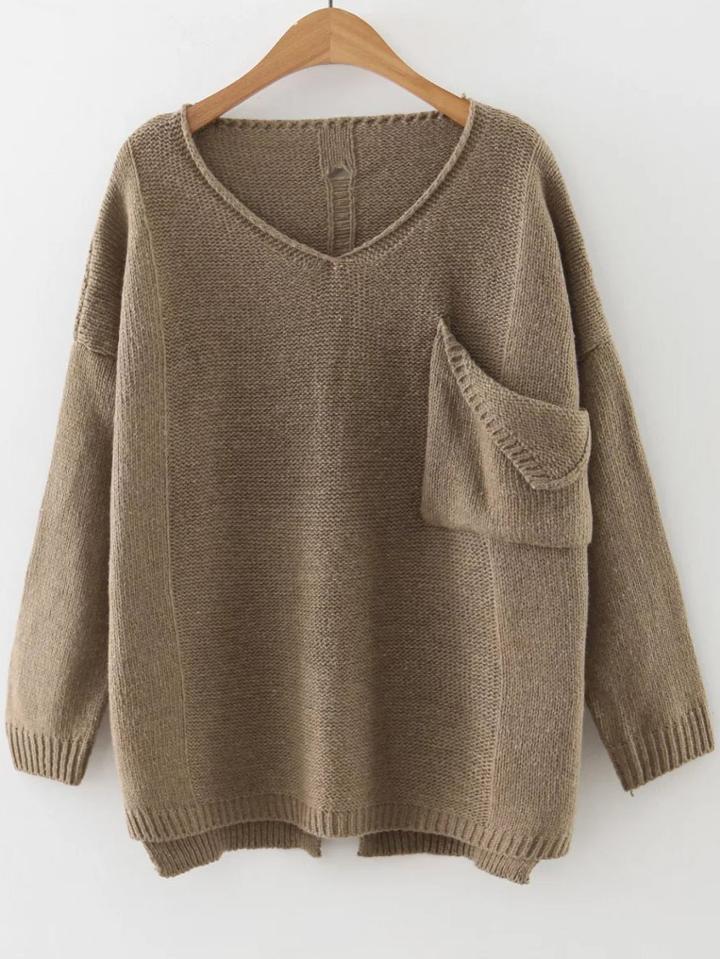 Shein Ripped Dip Hem Sweater With Pocket