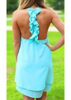 Rosewe Scoop Neck Ruffle Decorated Open Back Blue Dress