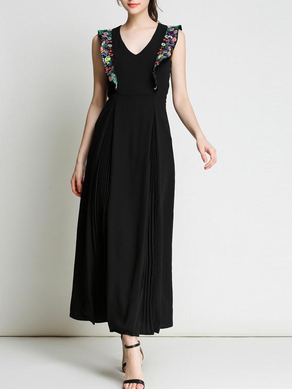 Shein V Neck Ruffle Sleeve Embroidered Dress