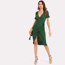 Shein Flounce Sleeve Asymmetrical Hem Wrap Dress